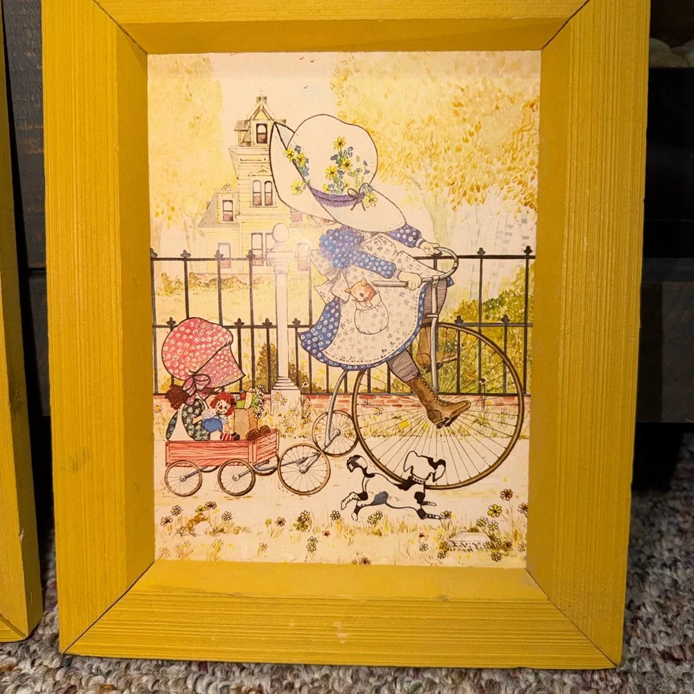 vintage 1970s Holly Hobbie framed print Bicycle Wall Art (Set of 2) bonnet sprin